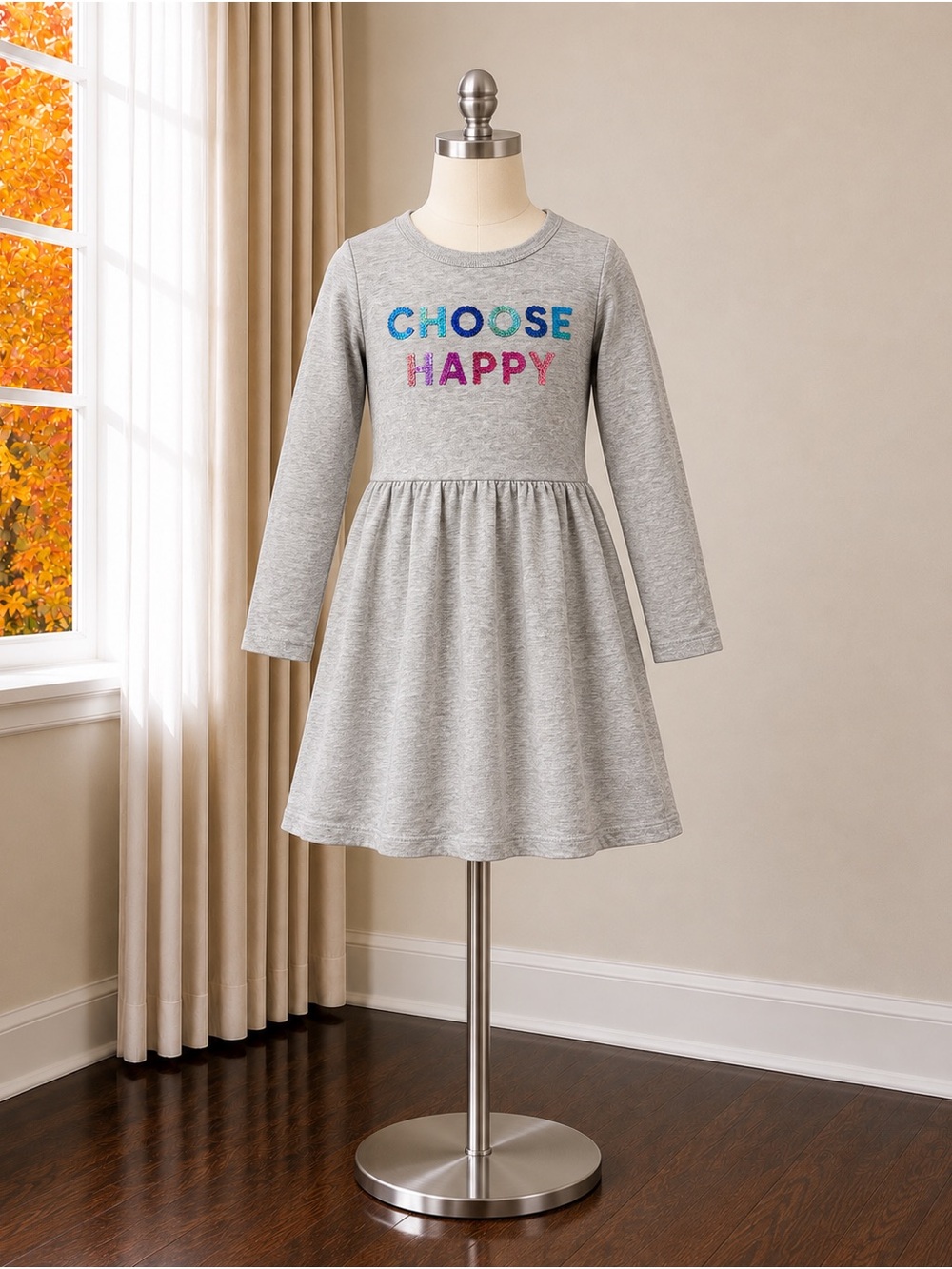 Carter's Gray Long-Sleeve Dress with Sequin "Choose Happy"